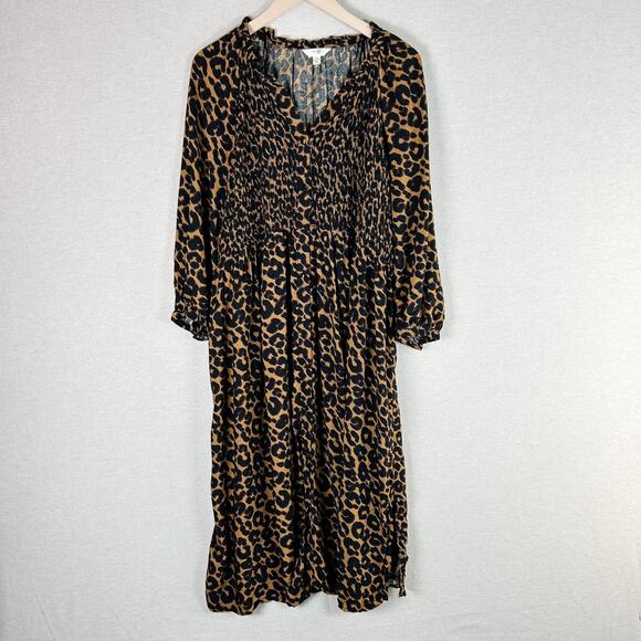 Terra Sky Womens Leopard Button Front Midi Dress Size 1X Balloon Sleeve NWOT - Picture 1 of 10